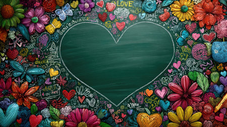A green chalkboard background with colorful doodles of school icons like flowers, hearts, and butterflies bordering the edges. The central area is blank for text or images. A hand-drawn drawing on top adds to its playful feel. It's perfect as an educational card for children or fun decorations. Vector illustration. --chaos 30 --ar 16:9 --stylize 750 --v 7 Job ID: 74613682-f245-441f-9049-d0e80c989d3fの素材