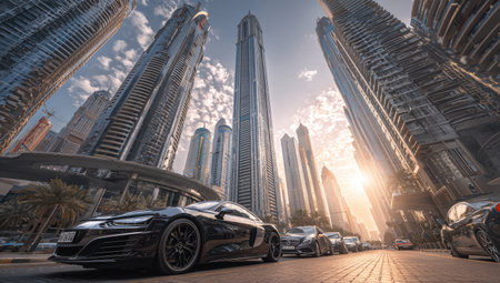 A hyper-realistic photo of the exterior view from ground level, looking up at an ultra-luxury high-rise tower in Dubai with glass and metal facades and sleek architecture, with cars parked on the street below, surrounded by tall skyscrapers, with sun rays coming through the clouds in the sky, taken during the day with a Canon EOS R5. --ar 53:30 --v 7 Job ID: 1d096e49-f421-4189-999c-ce4be233f171の素材