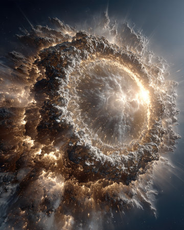 A golden wheel of time at the center, surrounded by an explosion, stars, and nebulae, with light rays from behind and a celestial background, in the style of digital art. --chaos 40 --ar 4:5 --stylize 750 --v 7 Job ID: 296af1b3-340e-4f25-895b-be76de1a95ccの素材