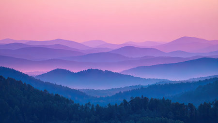 Misty mountain ranges bathed in vibrant sunrise huesの素材