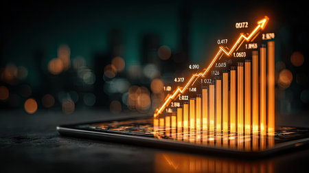 A glowing digital graph on an iPad displays upward-trending lines and arrows, with data points and numbers around it, representing business growth or stock market trends. The background is dark green to contrast the bright glow of light from within the tablet screen. A tall bar chart stands behind, showing similar orange uptrend lines, symbolizing financial success in real estate development. --chaos 30 --ar 16:9 --stylize 750 --v 7 Job ID: 3c88c5d5-51b5-41ec-9d2b-04f6cce572aaの素材
