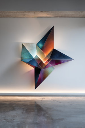 A dynamic, colorful metal sculpture hangs on the wall of an upscale modern home in Texas. The artwork is made from black steel and features angular shapes that resemble stars or triangles. It has glossy reflections with blue, orange, red, purple, green, and pink colors, giving it depth and dimension against the white background. In front of the art piece stands a sleek concrete floor with light strips underneath, creating subtle lighting effects beneath the sculpture. --ar 85:128 --v 7 Job ID: a60ef828-70c6-462d-a3eb-a3ca18029895の素材