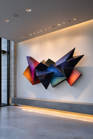A dynamic, colorful metal sculpture hangs on the wall of an upscale modern home in Texas. The artwork is made from black steel and features angular shapes that resemble stars or triangles. It has glossy reflections with blue, orange, red, purple, green, and pink colors, giving it depth and dimension against the white background. In front of the art piece stands a sleek concrete floor with light strips underneath, creating subtle lighting effects beneath the sculpture. --ar 85:128 --v 7 Job ID: a60ef828-70c6-462d-a3eb-a3ca18029895の素材