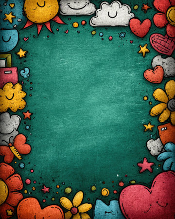 A green chalkboard background with colorful doodles of school icons like hearts, stars, and butterflies bordering the writing area. The top left corner is filled with small white outline drawing-style shapes such as smiley faces, clouds, flowers, or bubbles, adding fun to the design. A blank space in front for text fills most of the frame. It's a cute and playful cartoon illustration with pastel colors. In some places, there could be a thin black line on the bottom edge of the writing area to make it stand out more. --chaos 40 --ar 4:5 --stylize 750 --v 7 Job ID: 8a7bf1d8-9f75-4acc-a0fb-817214854448の素材