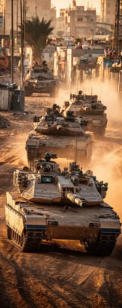 Military tanks in a desert cityの素材