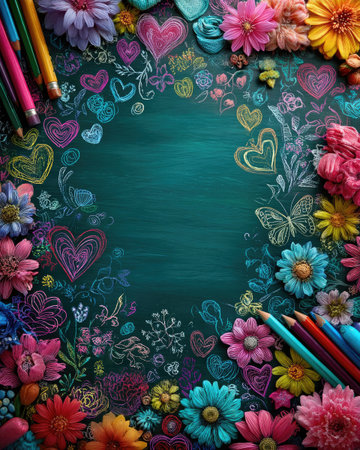A green chalkboard background with colorful doodles of school icons like flowers, hearts, and butterflies. There is plenty of white space around the edges for text or pictures. --chaos 40 --ar 4:5 --stylize 750 --v 7 Job ID: 65a54168-7954-4aa5-92bd-2b858904eb0eの素材