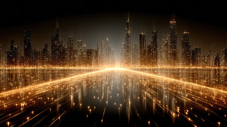 A golden cityscape with skyscrapers and streets made of glowing lines, representing the concept of digital urban development. The background is a dark brown to create contrast. --chaos 30 --ar 16:9 --stylize 750 --v 7 Job ID: 59bd22a2-4f5a-4f0e-a01d-750c9205186cの素材