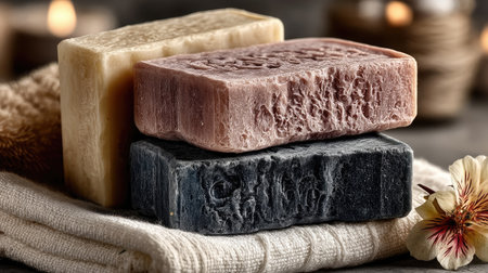 Three bars of handmade soap stacked, resting on a soft white towelの素材