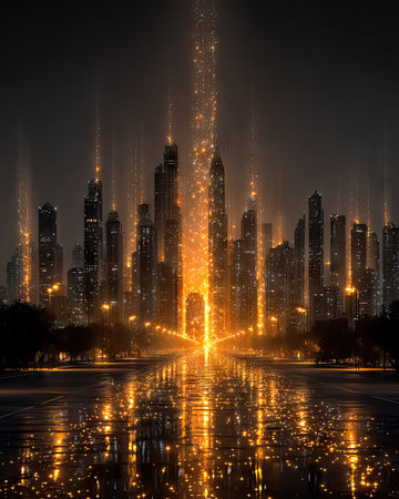 A golden cityscape with buildings and streets made of light beams, representing the modernity of urban life. The city is illuminated by warm yellow lights, creating an atmosphere that reflects technology and innovation. This design could be used for advertising or promotional materials related to smart cities, digital communication, business development, or other technological advancements. --chaos 40 --ar 4:5 --stylize 750 --v 7 Job ID: c3f20c7f-714c-4d9d-b1b8-b8ca692ed67cの素材
