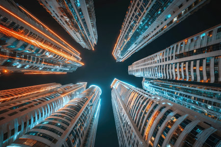 Night cityscape view of towering buildingsの素材
