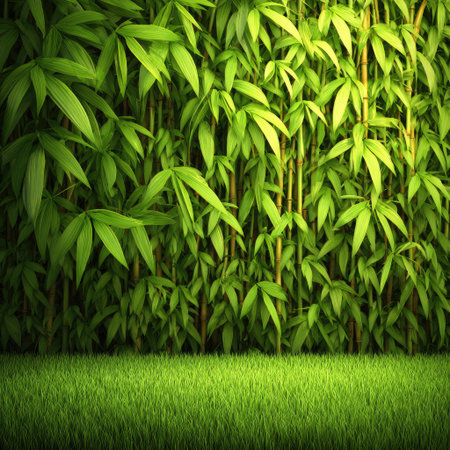 A green wall made of bamboo leaves, with grass on the ground in front of it. The background is dark, and the foreground light illuminates part of the wall. It's a simple scene with a sense of space, suitable for product display photography or as an advertising backdrop. This design adds natural elements to create a fresh atmosphere, perfect for showcasing products related to nature, such as garden tools, plants, flowers, etc., adding depth and visual appeal. --chaos 40 --v 7 Job ID: 408e18af-80f6-4a4b-ad67-13bca9a40fbfの素材