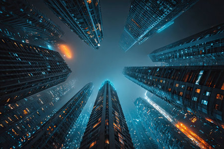 Cityscape, night view, towering skyscrapers, illuminated windowsの素材