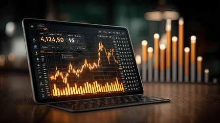 A glowing digital graph on an iPad displays upward-trending lines and arrows, with data points and numbers around it, representing business growth or stock market trends. The background is dark green to contrast the bright glow of light from within the tablet screen. A tall bar chart stands behind, showing similar orange uptrend lines, symbolizing financial success in real estate development. --chaos 30 --ar 16:9 --stylize 750 --v 7 Job ID: 3c88c5d5-51b5-41ec-9d2b-04f6cce572aaの素材