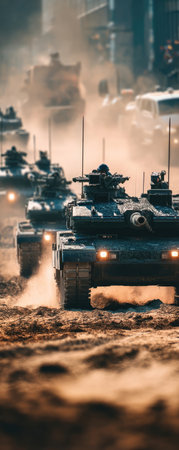 Armored vehicles moving in a dusty landscapeの素材