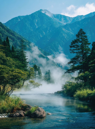 Misty mountain river valleyの素材