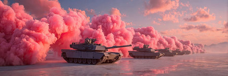 Pink smoke billows around military tanksの素材