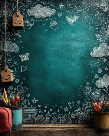 A green chalkboard background with colorful doodles of school icons like hearts, stars, and butterflies bordering the writing area. The top left corner is filled with small white outline drawing-style shapes such as smiley faces, clouds, flowers, or bubbles, adding fun to the design. A blank space in front for text fills most of the frame. It's a cute and playful cartoon illustration with pastel colors. In some places, there could be a thin black line on the bottom edge of the writing area to make it stand out more. --chaos 40 --ar 4:5 --stylize 750 --v 7 Job ID: 8a7bf1d8-9f75-4acc-a0fb-817214854448の素材