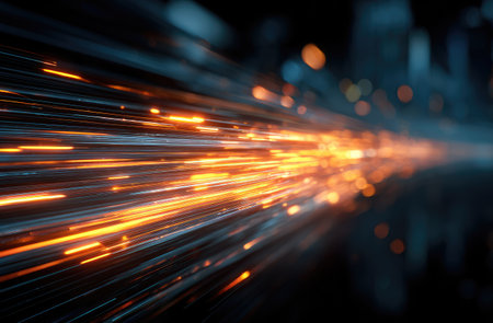 A high-speed data transfer visualized as glowing lines of light in motion, representing the fast, orange speed and technology behind it. The background is dark with blue lights and orange highlights. --ar 23:15 --v 7 Job ID: 1a4e41f3-a613-45e2-8e33-23625c8611b9の素材