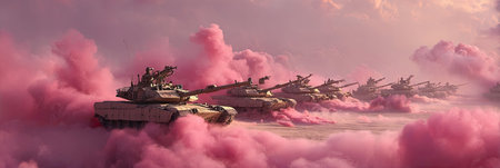Tanks in a pink cloud skyの素材