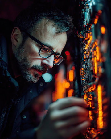 Focused technician works on glowing circuit board at nightの素材