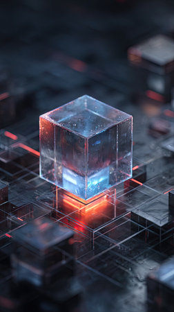 A glowing data cube on top of an abstract grid background, with vibrant blue and red lights illuminating the scene. The cube is made up of translucent glass-like structures that appear to float above a complex network of lines and squares in shades of dark gray and black. In its center stands another small box, also transparent, appearing almost ethereal against the surrounding glow. This dynamic composition creates a sense of depth within the minimalist design. --ar 9:16 --v 7 Job ID: 2825130d-f577-490d-b328-fba5331996cdの素材