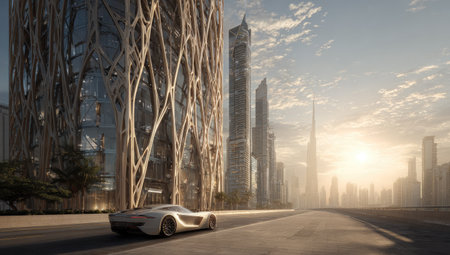 A hyper-realistic rendering of an architectural exterior view, a tall building with a modern, luxurious design in the Dubai cityscape, designed in the style of Ross Lovegrove, made of steel and glass. A car is driving past it, with sun rays creating a cinematic shot. --ar 53:30 --v 7 Job ID: 8e5c8e57-aadc-44ab-99a5-0a48a084e510の素材