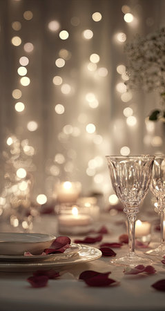 Romantic dinner table setting with candles, glassware, and rose petalsの素材
