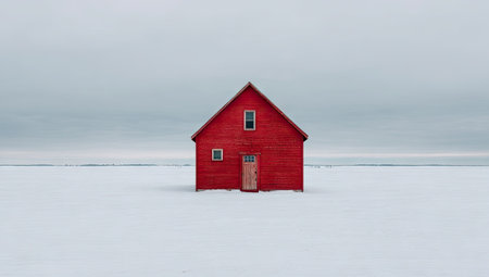 Red barn in a snowy landscapeの素材