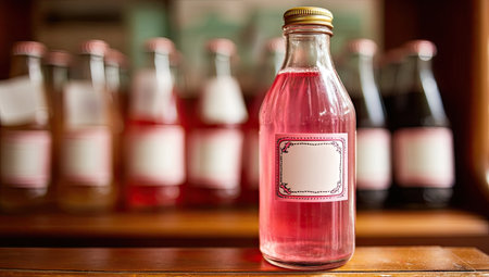 Pink drink bottle, vintage style, on wooden shelfの素材