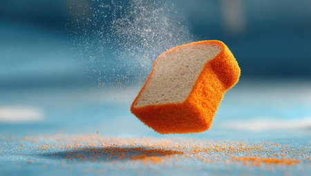 A slice of bread, orange-coated, in mid-air, with flour-like particlesの素材