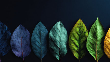 Row of colorful leaves, gradient hues on dark backgroundの素材