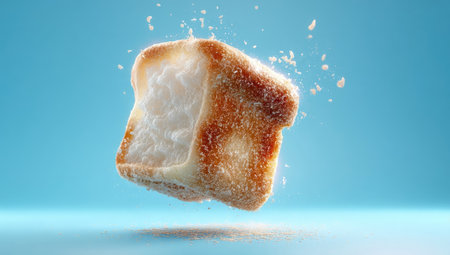 Light-brown, sugary cube-shaped food item, levitating against light-blue backdrop, with crumbsの素材