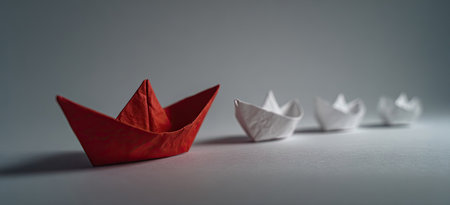 A single red origami boat stands out among a line of white origami boatsの素材