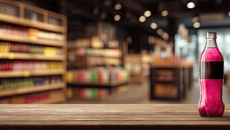 Pink soda bottle on wooden table in a blurred grocery storeの素材