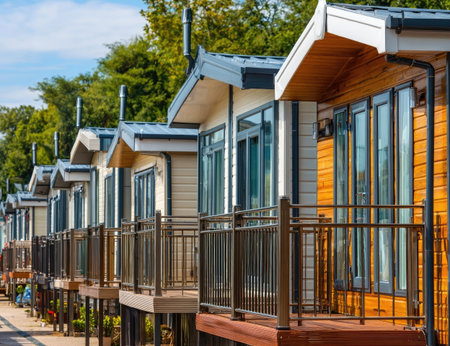 Row of modern, colorful vacation cabinsの素材