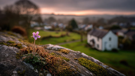 Tiny purple flower atop rock, village viewの素材
