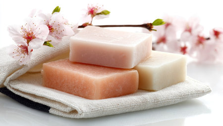 Soft pink and white soaps on a cloth, with cherry blossomsの素材
