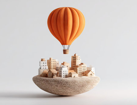 Orange hot air balloon above miniature city on a stoneの素材