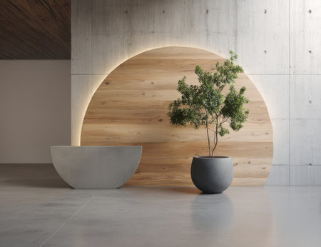 Modern, minimalist lobby with a circular wooden accent wall, a gray counter, and a potted plantの素材