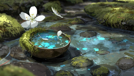 Whitish flower in mossy stream bowlの素材