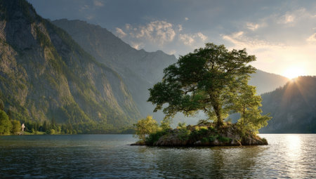Serene lake, solitary tree, mountain backdropの素材