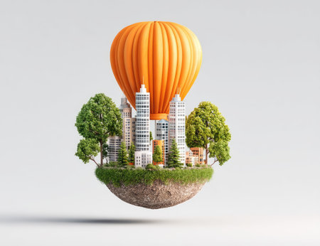 Floating city with hot air balloonの素材