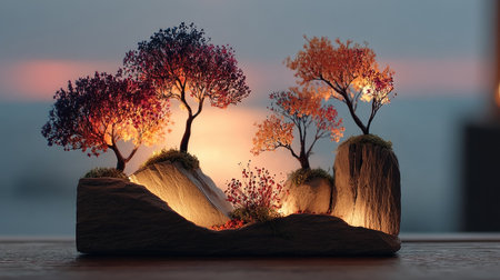 Miniature autumn landscape in wooden trayの素材