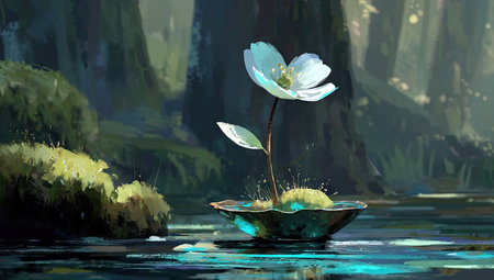 Delicate white flower floats in teal water, nestled in a mossy bowl, amidst a misty forestの素材