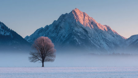 Solitary tree in a winter wonderland, mountain backdropの素材