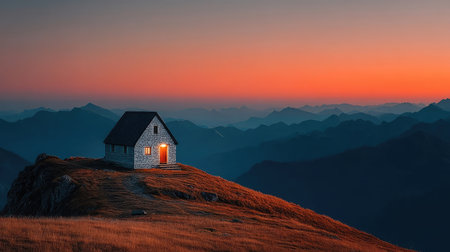Mountaintop cabin at sunsetの素材