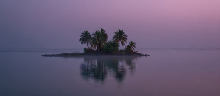 Misty island at dawn, tranquil lakeの素材