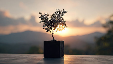 Small bonsai tree in a dark cube planter at sunsetの素材
