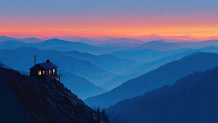 Mountain cabin at dawn, hazy peaksの素材