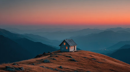 Small cabin atop mountain at sunsetの素材